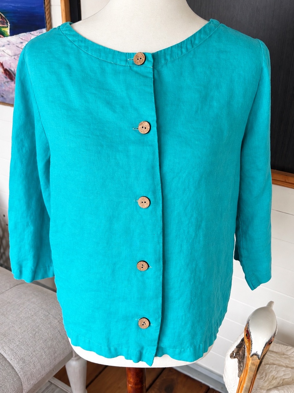 Turquoise 100% Linen Button Front Top 3/4 Sleeve Coastal Boho Medium